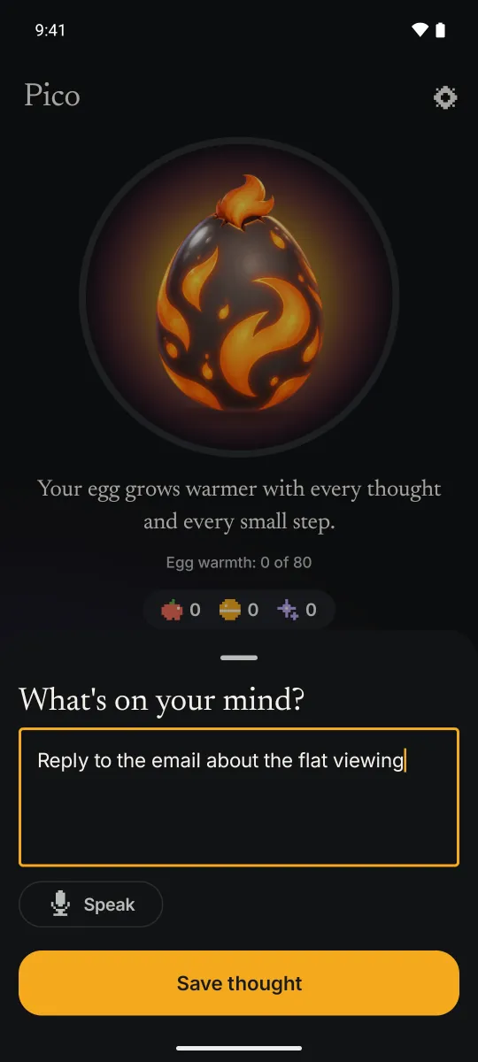The capture sheet in DopaFix, with a typed thought and the Speak button.
