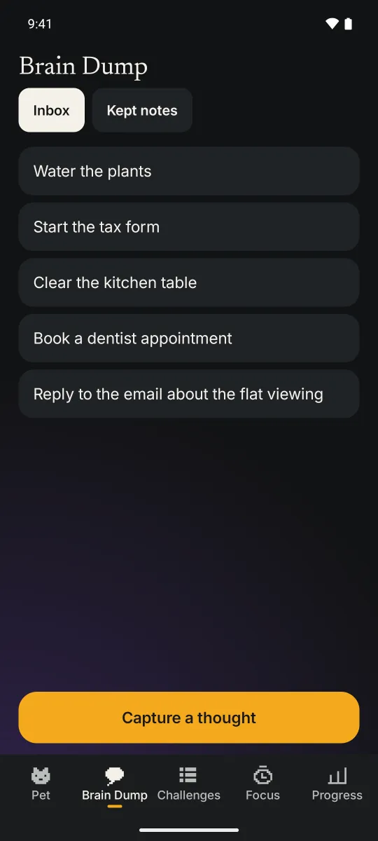 The list of captured thoughts in DopaFix.