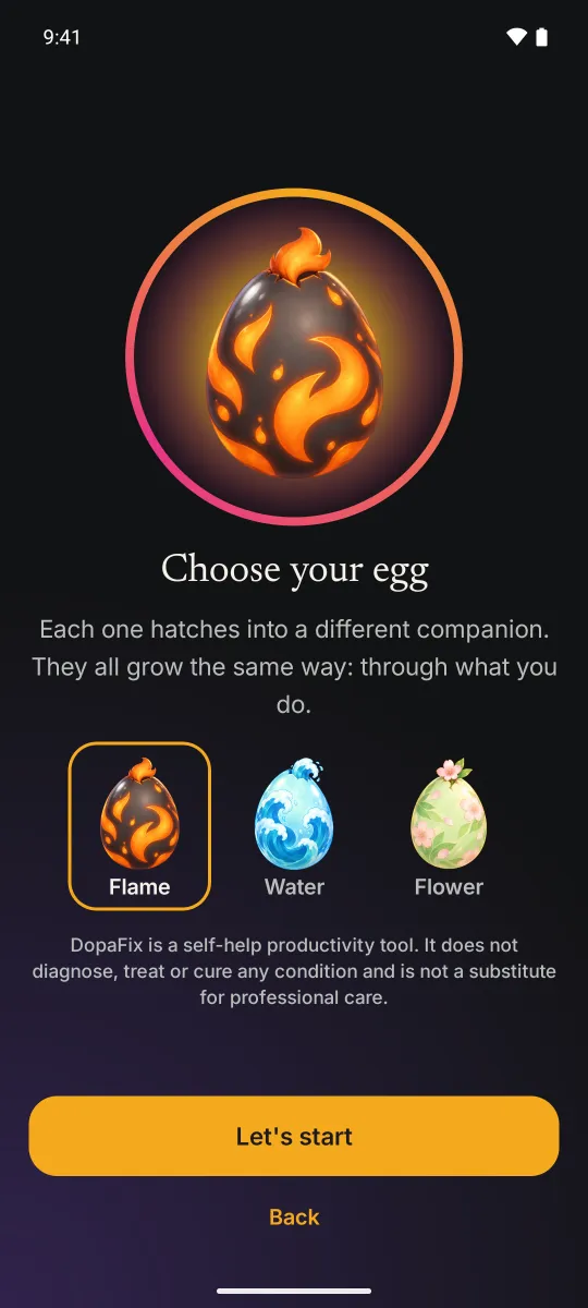 The Choose your egg screen when you first open DopaFix.