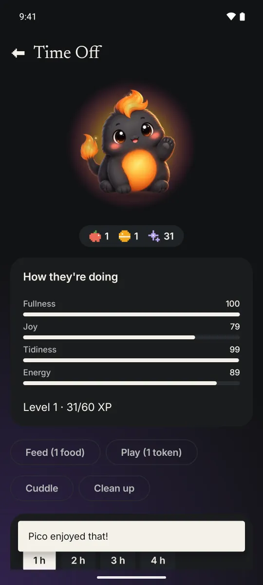 Time Off in DopaFix: feed, play and nap with your companion.