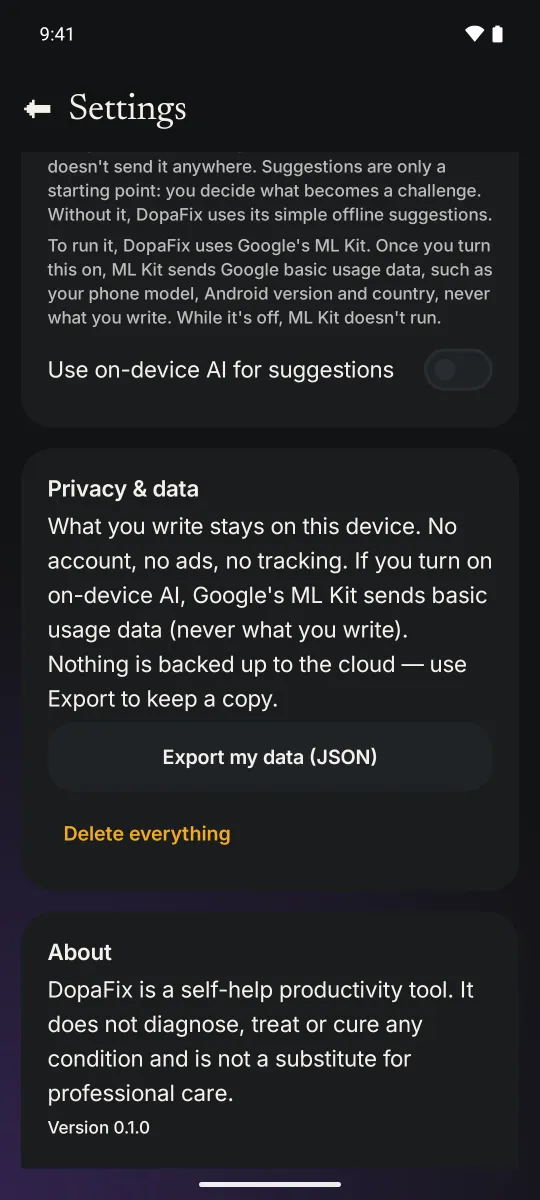 DopaFix settings, Privacy and data section, with export and delete.